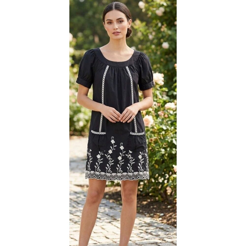 Rhapsody Women's Large Black Floral Embroidered Boho Peasant Dress